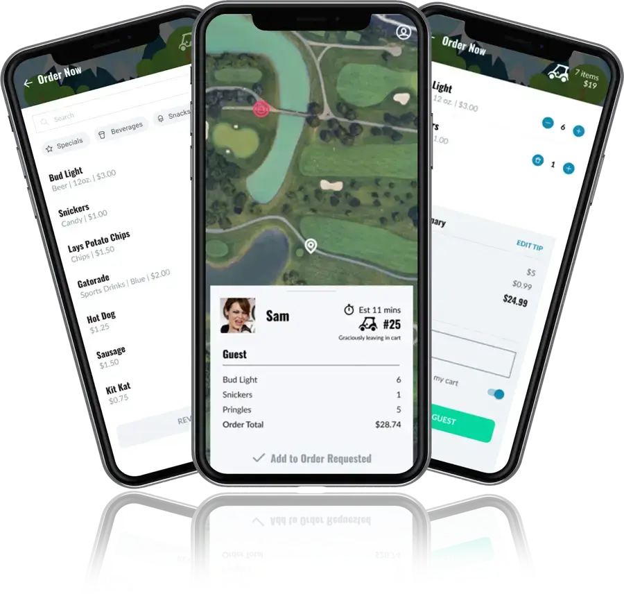 A series of smartphone mockups displaying designs of a custom mobile app we built for our client, Golf Bev.